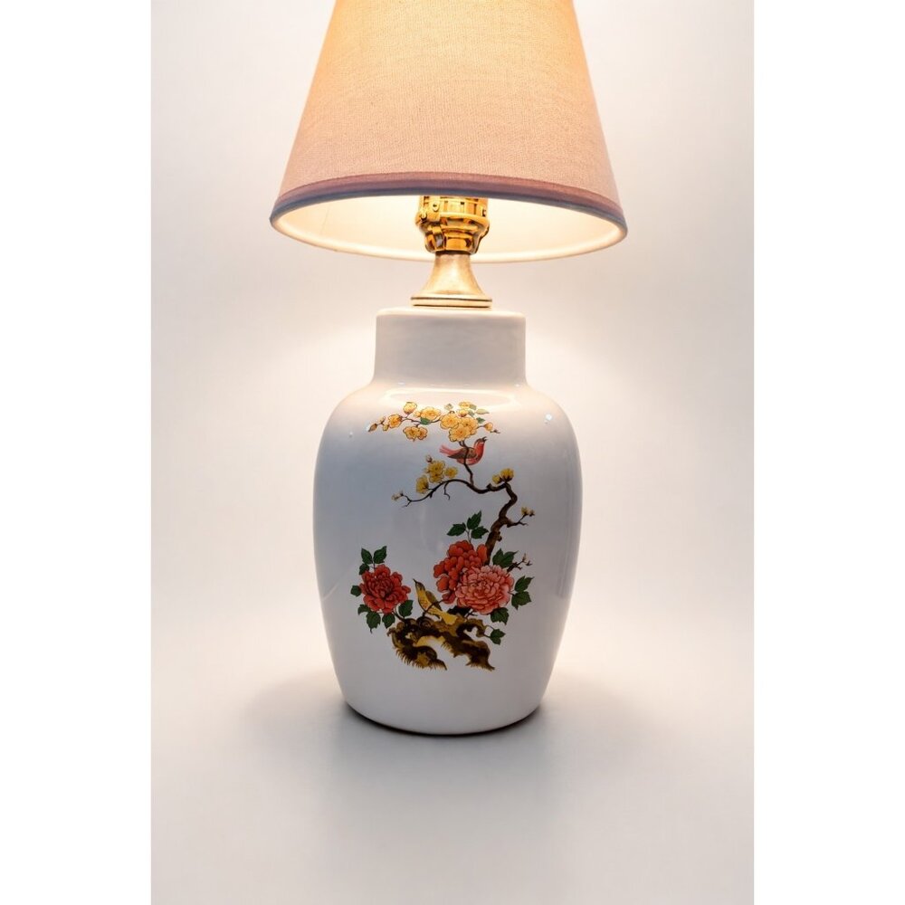 Vintage Chinoiserie Ginger Jar Lamp Bird Peony Floral Ceramic 1980s
